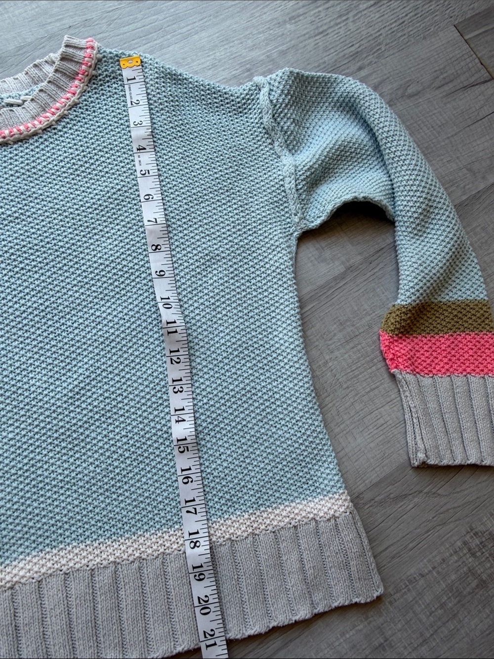 Lisa Todd Light Blue Crewneck Sweater with Pink and Olive Stripes, Size L. - Picture 10 of 15